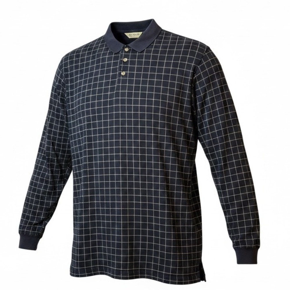 Eddie Bauer Men's XL Long Sleeve Polo Navy Windowpane Plaid 100% Cotton